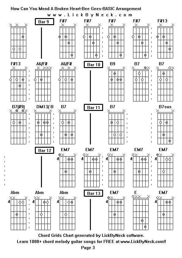 Chord Grids Chart of chord melody fingerstyle guitar song-How Can You Mend A Broken Heart-Bee Gees-BASIC Arrangement,generated by LickByNeck software.